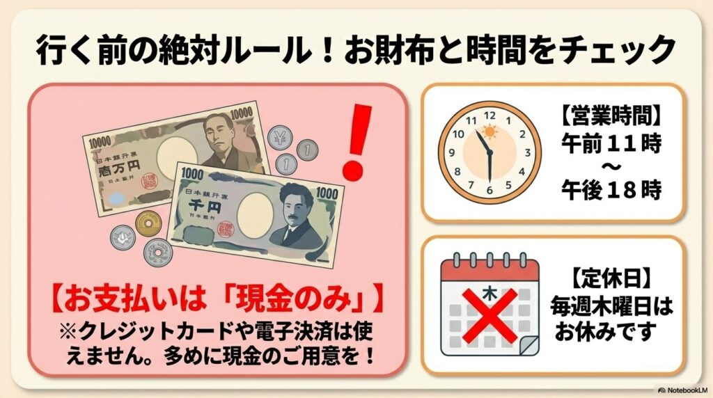 現金払い限定のルールや、営業時間、定休日など、来店前に確認すべき情報をまとめたスライド。