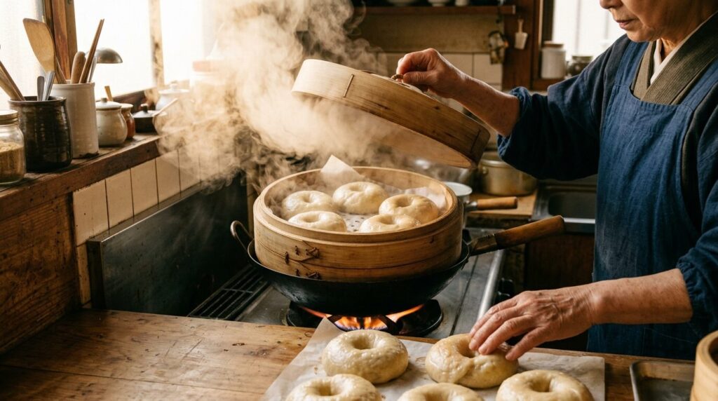 竹蒸籠で蒸されるベーグルから立ち上る湯気ともっちり食感