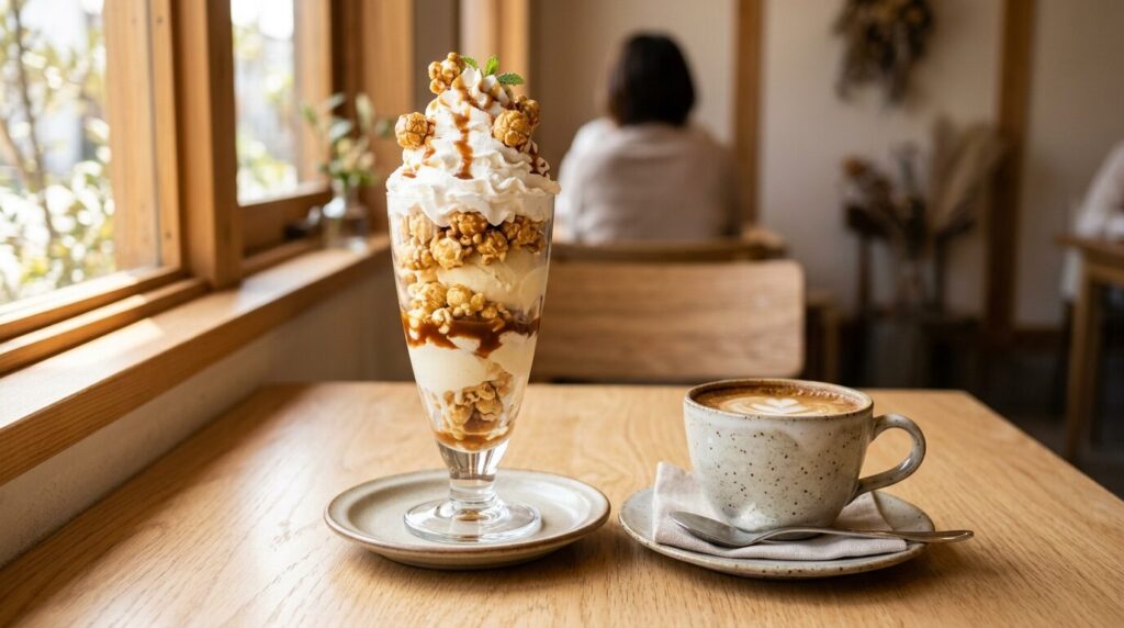 ポップコーンを使ったカフェ風デザートパフェとコーヒー