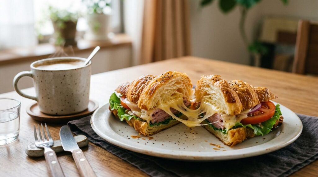 ハムとチーズを挟んだクロワッサンサンドイッチととろけるチーズ