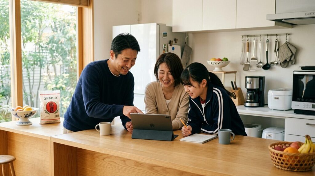 明るい現代的なキッチンでタブレットを見ながら価格比較情報を確認し食品購入について話し合う日本人家族