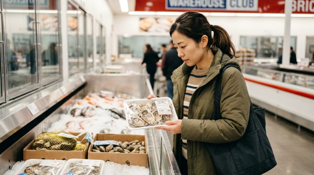 倉庫型スーパーの鮮魚売場で牡蠣のパッケージラベルを慎重に確認する30代日本人女性、責任ある消費者行動を示す場面