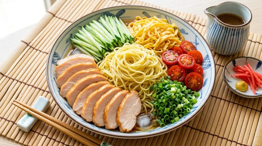 さくらどりサラダチキンをトッピングした冷やし中華、彩り豊かな麺料理