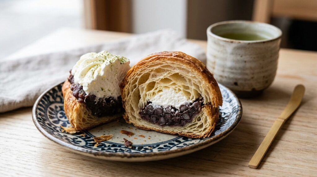 あんことホイップクリームを挟んだクロワッサンの和風スイーツ