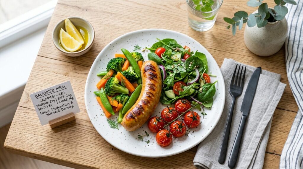 無添加ソーセージとたっぷりの野菜でバランスを取った健康的な食事プレート