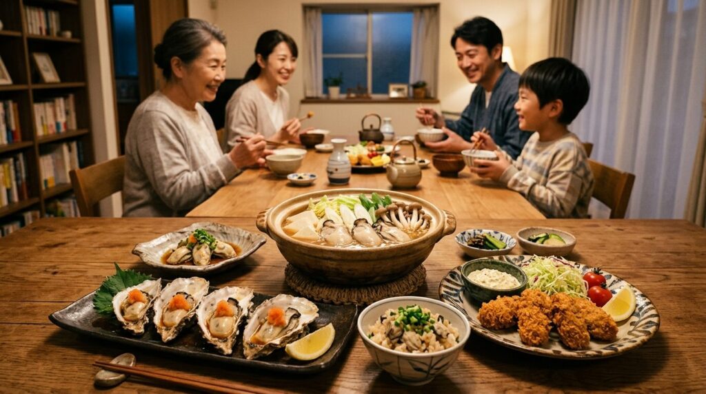 エレガントな皿に盛り付けられた焼き牡蠣、牡蠣フライ、牡蠣鍋など多様な調理済み牡蠣料理の日本の家庭的な食事風景