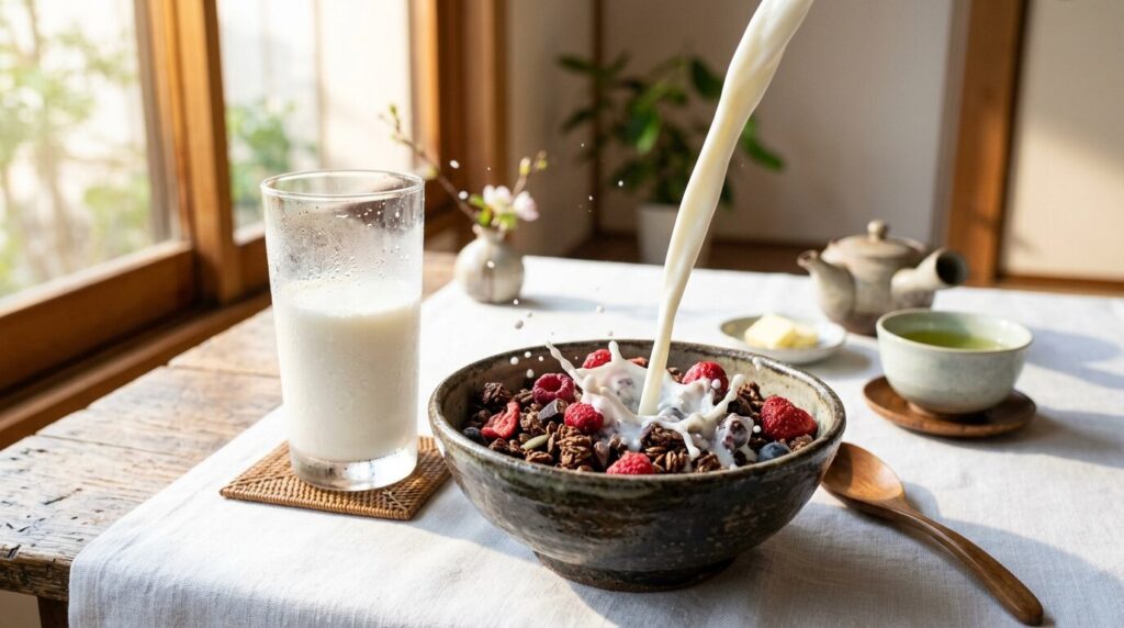 セラミックボウルのチョコレートグラノーラに冷たい牛乳を注ぐ朝食シーン、ミルクの飛沫が美しい一枚