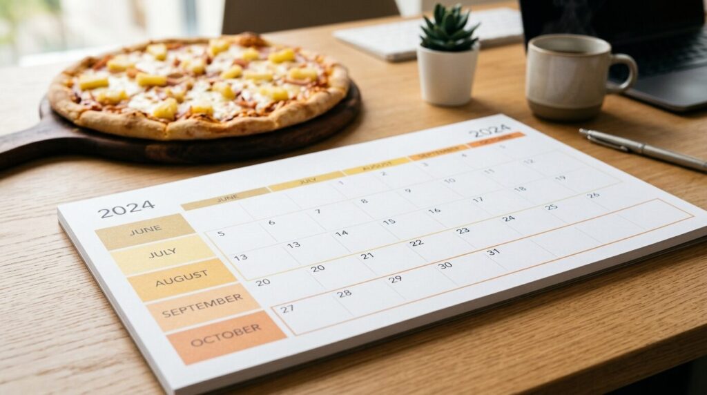 夏から秋への季節の移り変わりを表現したカレンダーイメージ、ハワイアンピザの販売期間を示唆