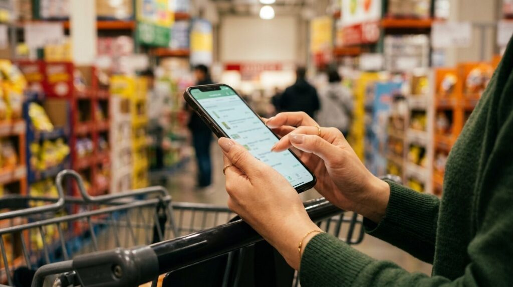 スマートフォンで価格をチェックしながら買い物をする女性の手元