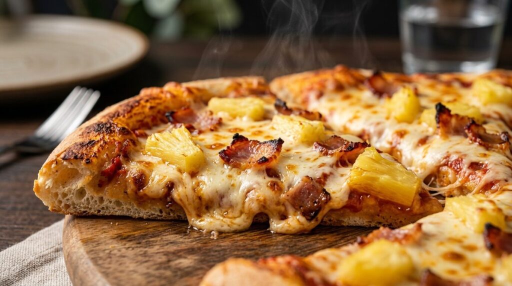 とろけるチーズとパイナップル、ベーコンのクローズアップ、湯気が立ち上る食欲をそそる写真