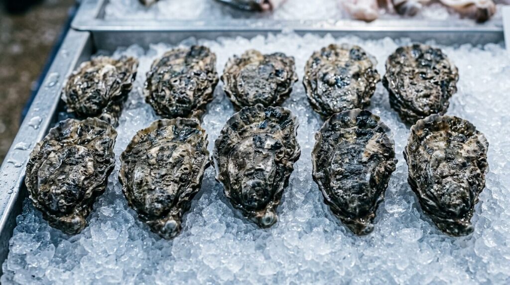 砕いた氷の上に並べられた殻付きの新鮮な牡蠣、しっかりと閉じた殻と高級感のあるプレミアム品質の魚介類