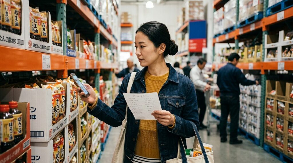 倉庫型店舗で価格を比較しながら賢く買い物をする日本人女性