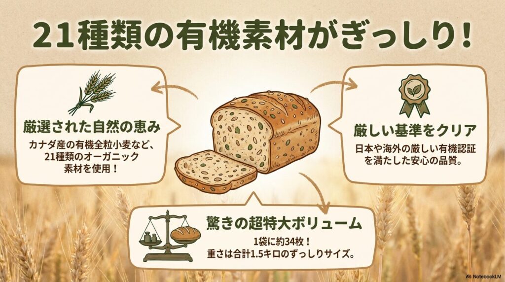 21種類の有機素材を使用したコストコのパンの特徴、品質、ボリュームについての解説。