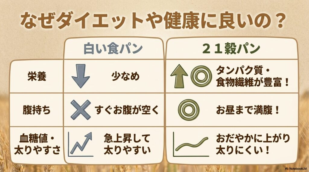 白い食パンと21穀パンを、栄養、腹持ち、血糖値の観点から比較した表の解説。