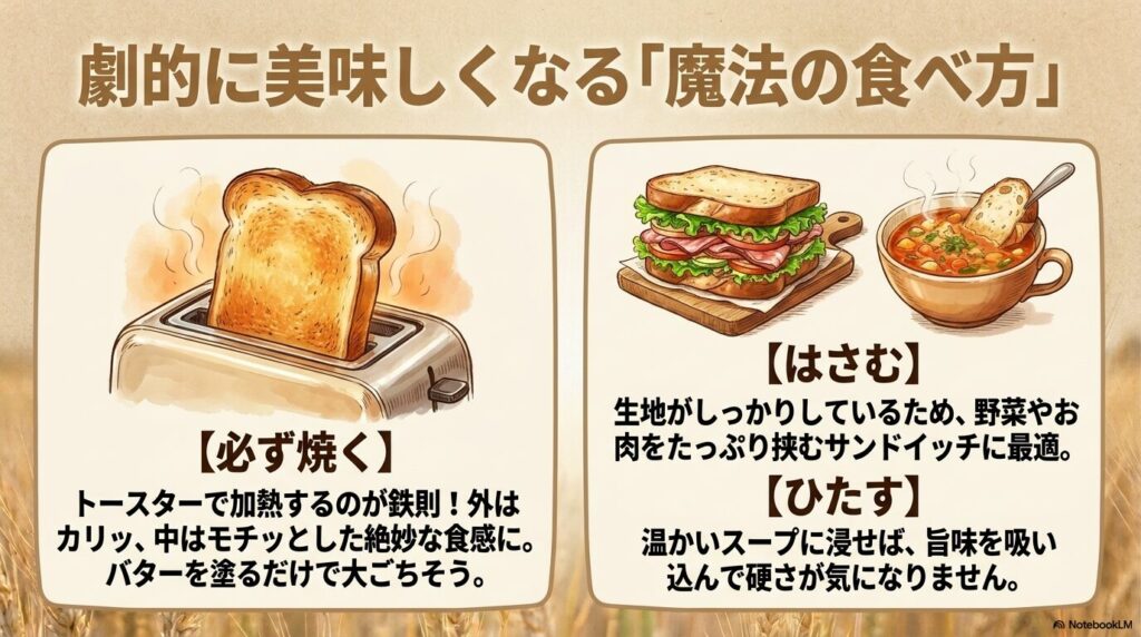 コストコのパンを美味しく食べるための、焼く、はさむ、ひたすという3つの方法の紹介。