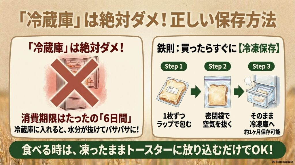 パンの鮮度を保つための正しい冷凍保存手順と冷蔵保存の注意点についての説明。