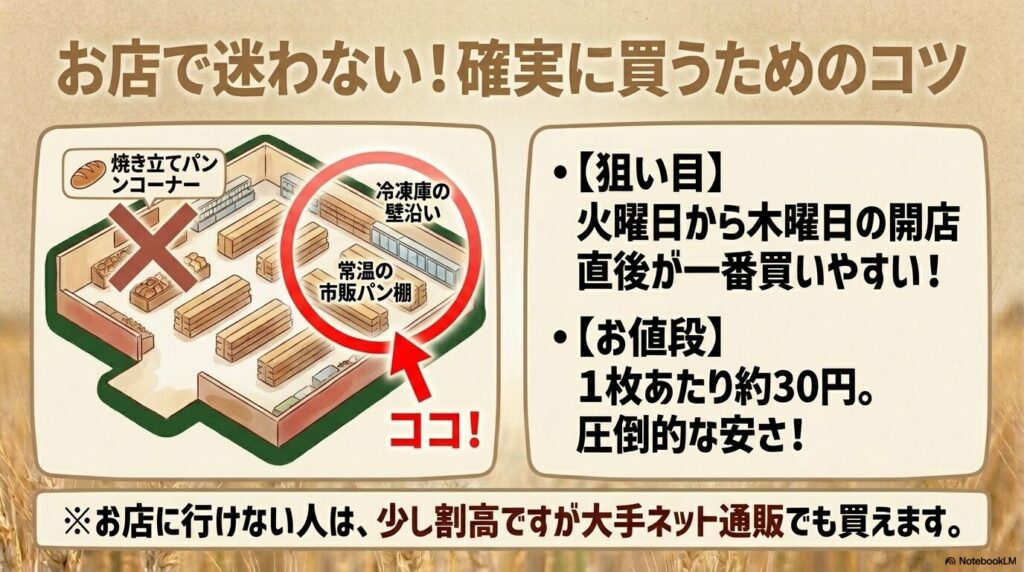 コストコ店内でのパンの売り場、最適な購入タイミング、価格についての案内。