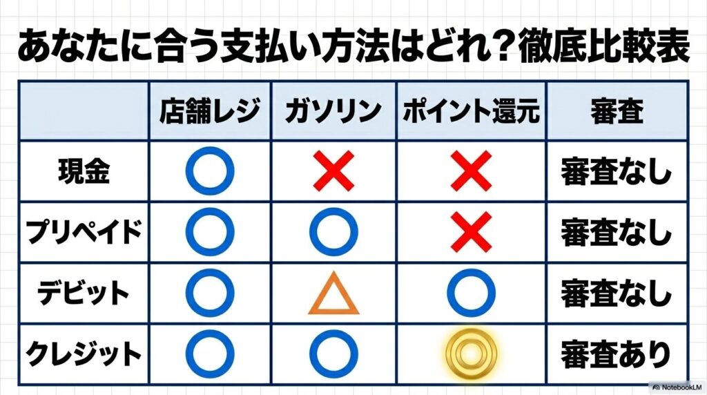 現金、プリペイド、デビット、クレジットカードの4つの支払い方法を項目別に比較した表です。
