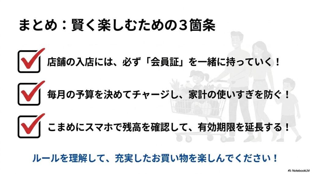 会員証の持参、予算管理、期限延長のための残高確認という、賢く楽しむための3箇条。