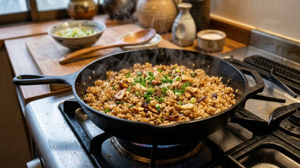 ステーキの肉汁で作る絶品ガーリックライス、鋳鉄製スキレットで炒められた黄金色のご飯