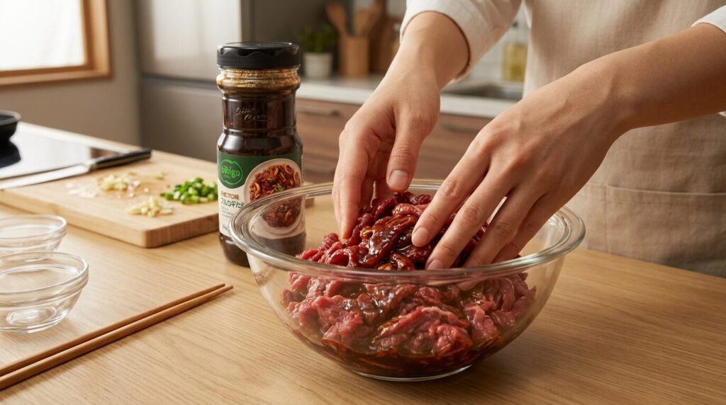 プルコギのタレで牛肉を漬け込む下ごしらえの様子
