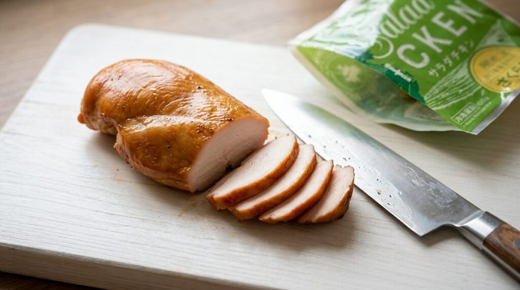 さくらどりサラダチキンの燻製された表面の皮の特徴を示すクローズアップ