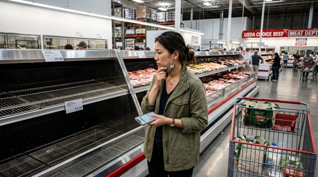 コストコの精肉コーナーで売り切れの陳列棚を見てがっかりする女性買い物客、スマートフォンで在庫情報を確認している様子