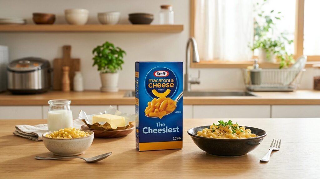 木製のキッチンテーブルに置かれたクラフト マカロニ&チーズの青い箱のクローズアップ写真