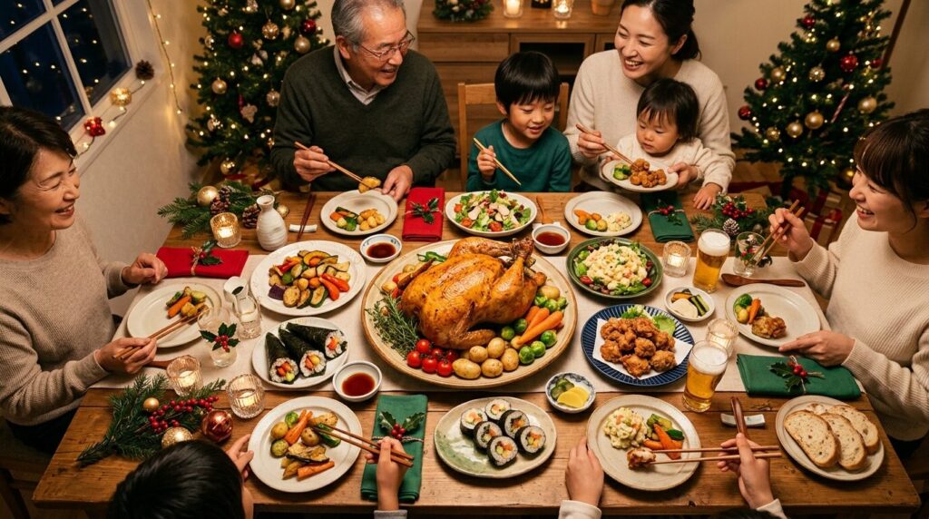 クリスマスディナーのメインディッシュとして飾られたロティサリーチキン
