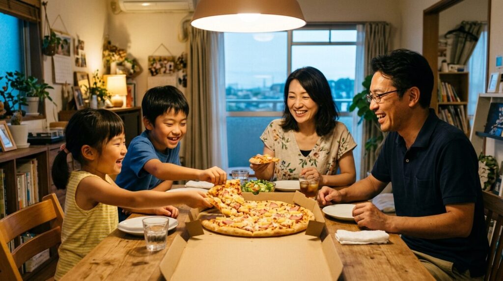 家族でハワイアンピザを囲んで楽しむ様子、笑顔で食卓を囲む日本人家族の写真