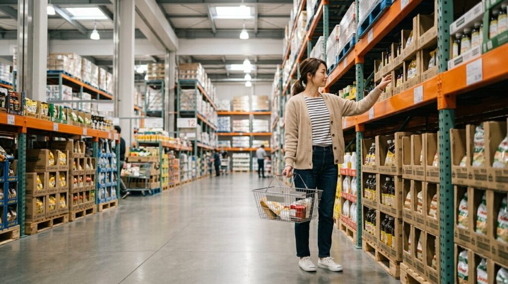 倉庫型店舗で商品を見比べる日本人女性買い物客