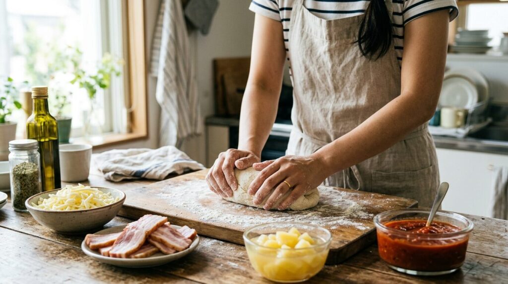 自宅でのピザ作りの様子、材料を並べた調理台と生地をこねる手元の写真