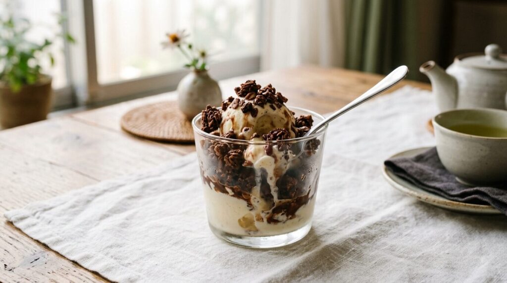 バニラアイスクリームにチョコレートグラノーラをトッピングした自家製デザートカップ
