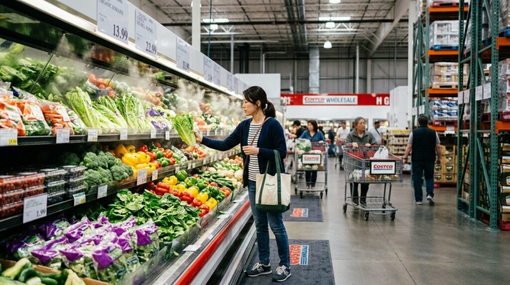 コストコの生鮮食品売り場で新鮮な野菜や果物を選ぶ日本人女性