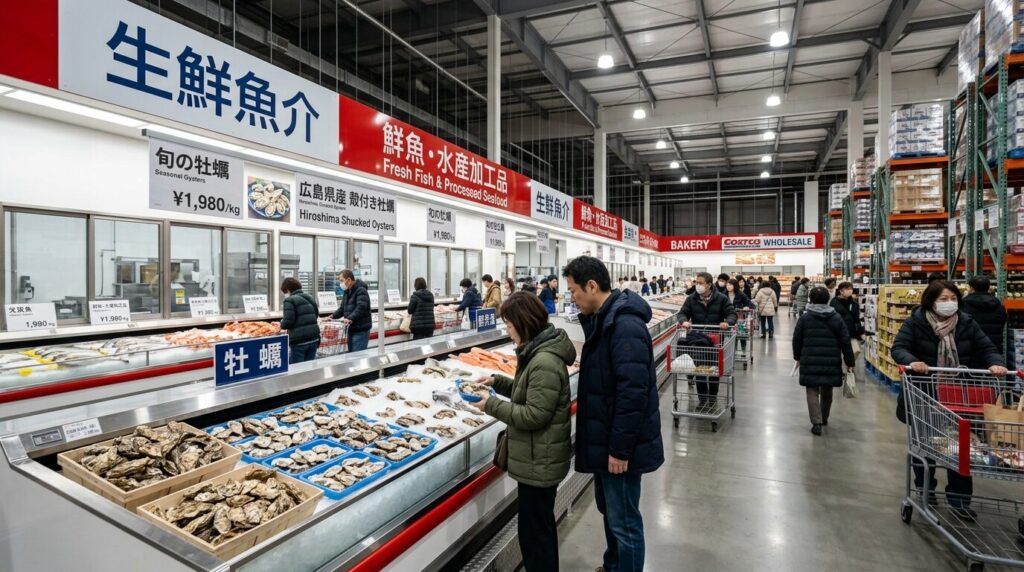 冬季のコストコ店内における鮮魚コーナー、高い天井と冷蔵ケースが並ぶ倉庫型小売環境で牡蠣を選ぶ日本人買い物客