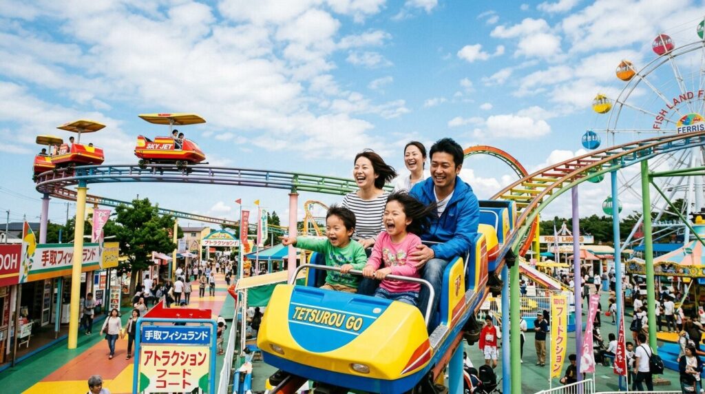 手取フィッシュランドの遊園地アトラクションと楽しむ日本人家族