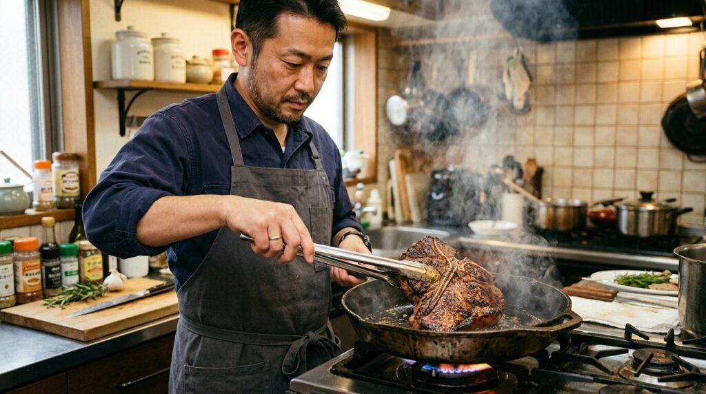 鋳鉄製スキレットで厚切りTボーンステーキを焼く40代日本人男性、肉汁が閉じ込められる焼き色がつく瞬間