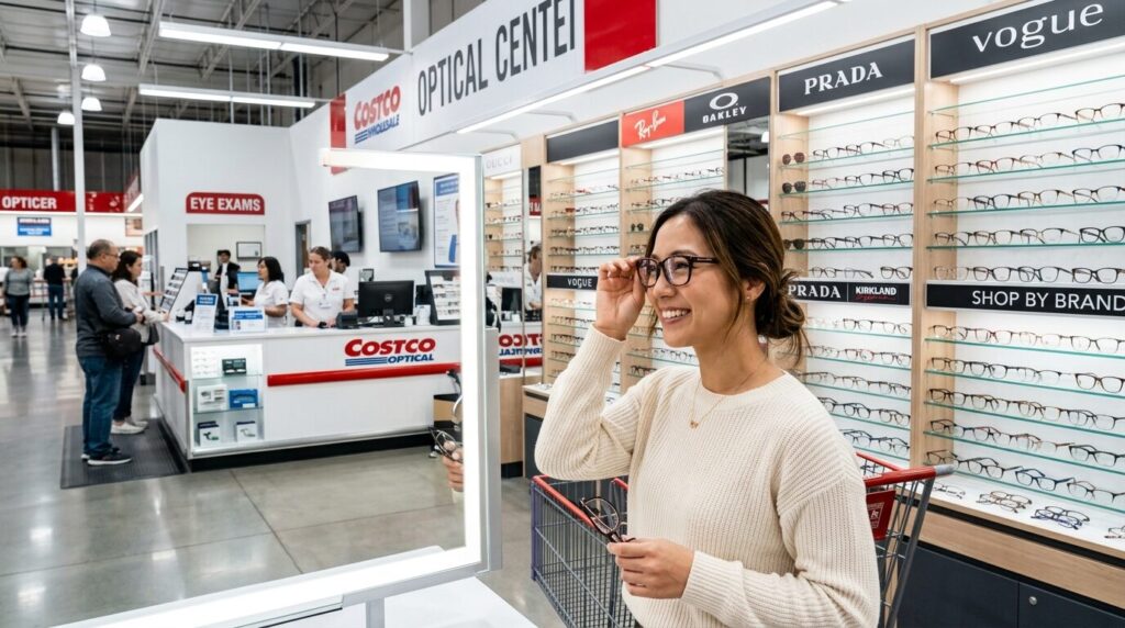 コストコ店内のメガネコーナーでフレームを選ぶ日本人女性