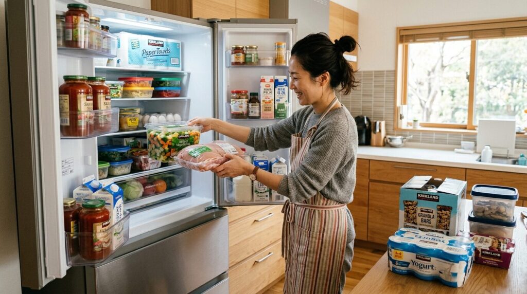 大容量の商品を冷蔵庫に整理する日本人女性