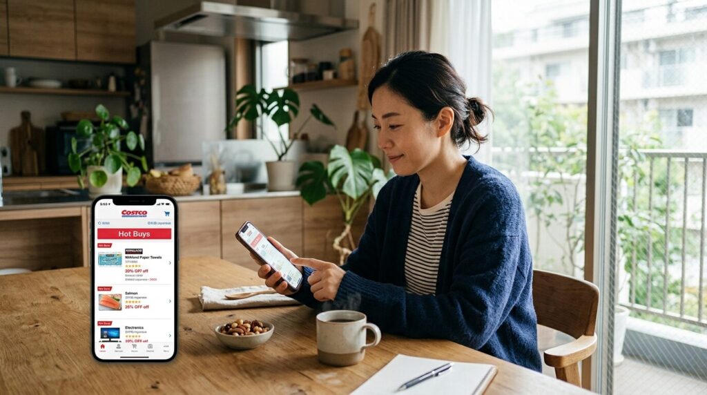 スマートフォンでコストコのセール情報をチェックする日本人女性