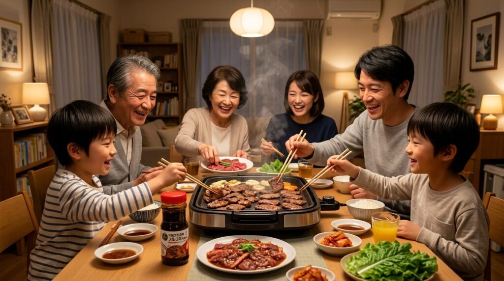 家族で楽しむプルコギのタレを使った焼肉シーン