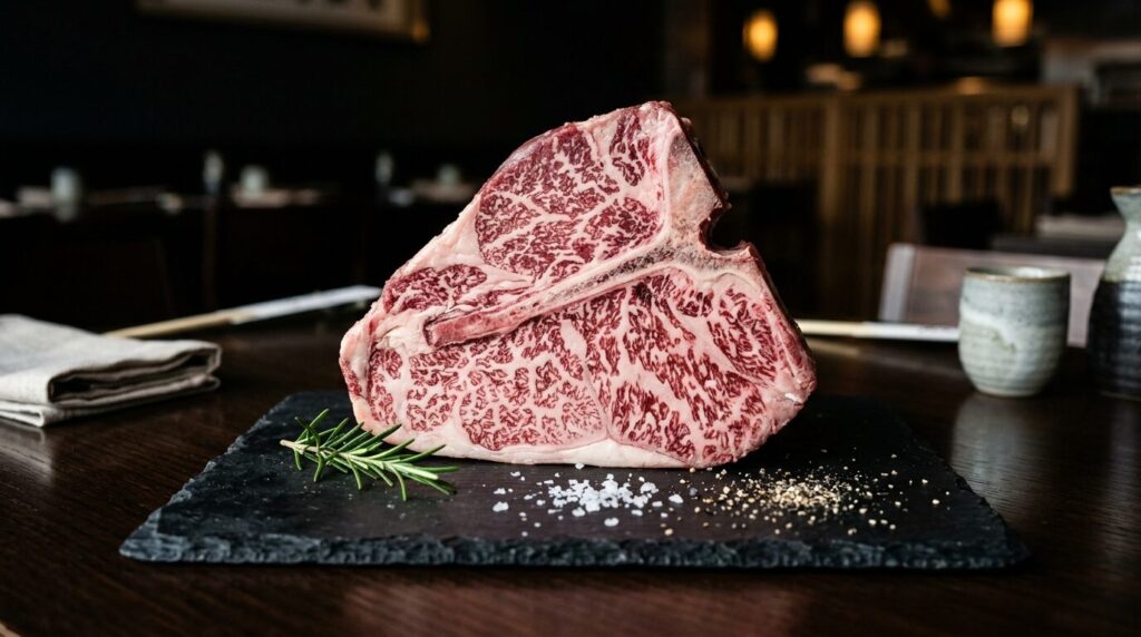 希少な和牛A4等級のTボーンステーキ、細かく美しい霜降りサシが特徴的な骨付き高級和牛肉