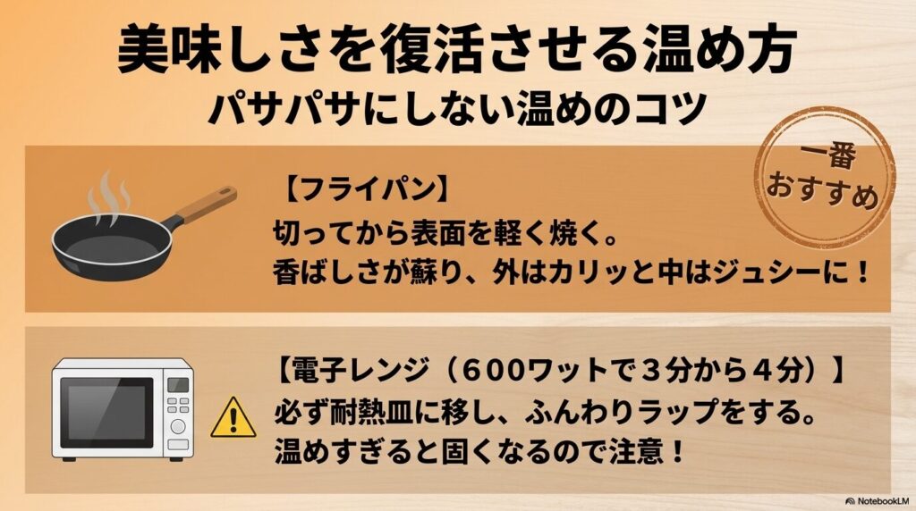 チャーシューをパサパサにせずに温める、フライパンと電子レンジの2つの方法を解説するスライド。