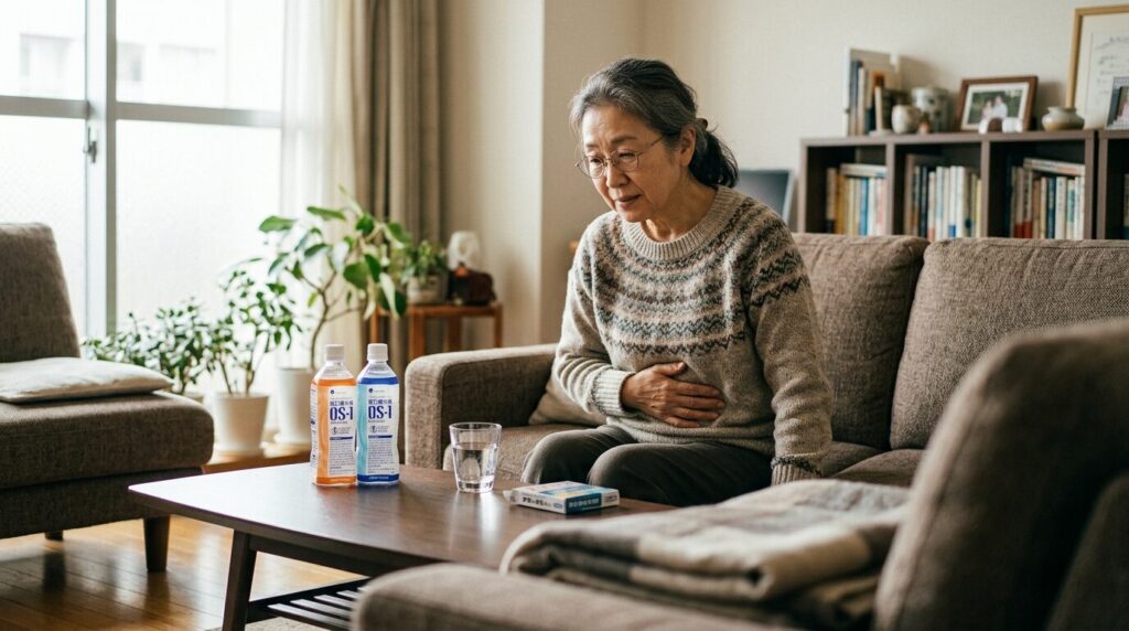 自宅のソファで軽い体調不良を感じお腹を押さえる日本人、テーブルには経口補水液が置かれた健康対応シーン