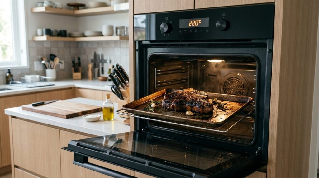 家庭用オーブンで低温調理されるTボーンステーキ、厚切り肉を均等に火を通すオーブン調理法
