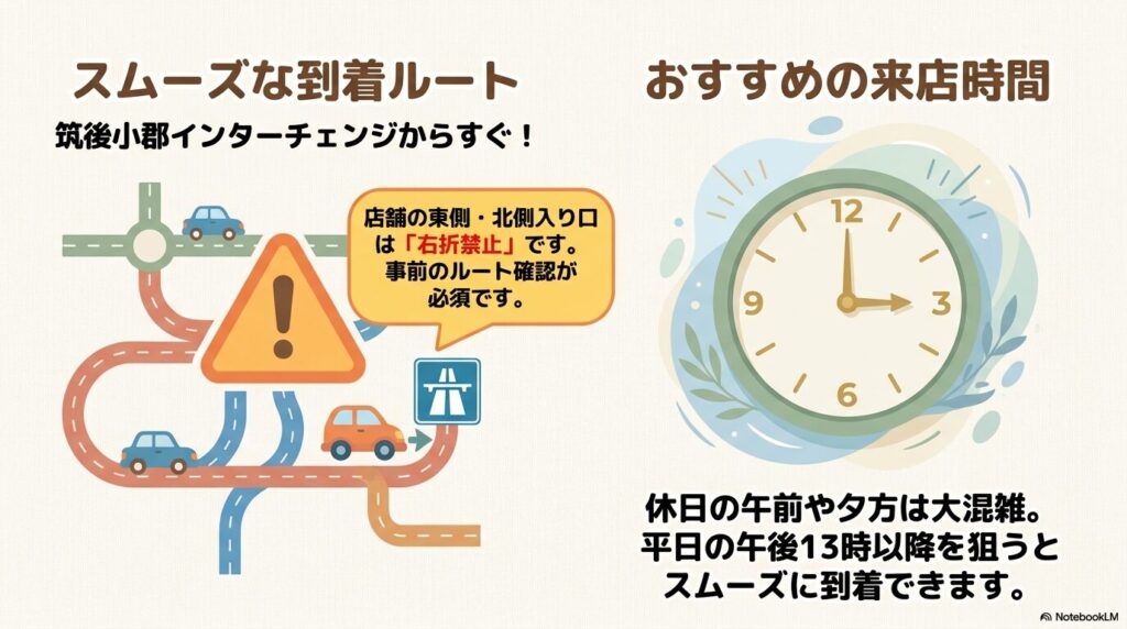 筑後小郡ICからのアクセスルートと、推奨される来店時間の案内。