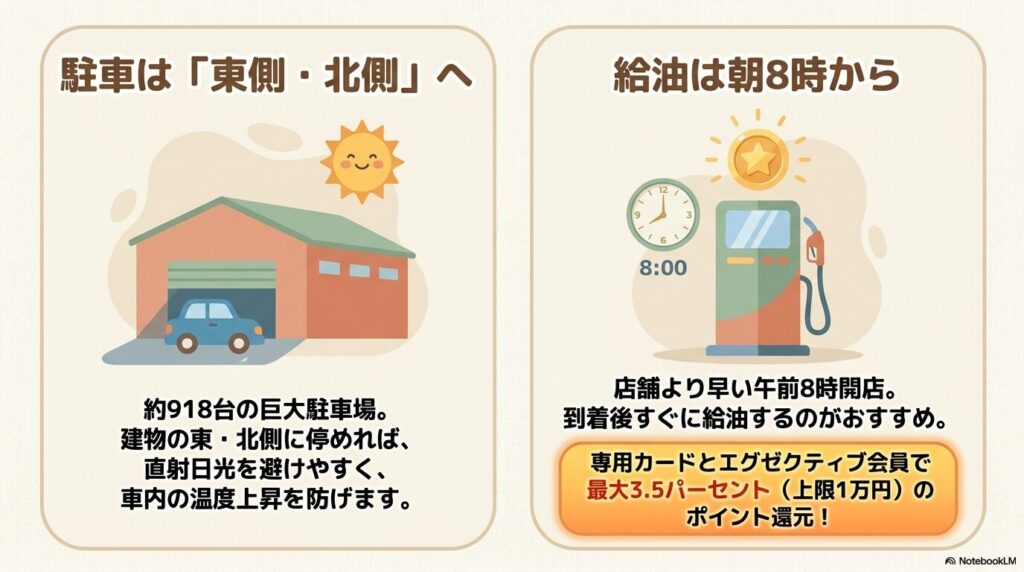 駐車場とガソリンスタンドの利用方法、およびポイント還元の説明。