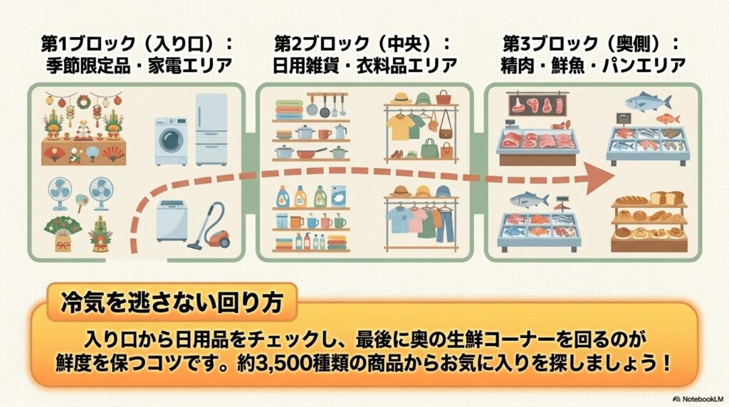 店内の3つのブロック構成と、鮮度を保つための推奨ルートの解説。
