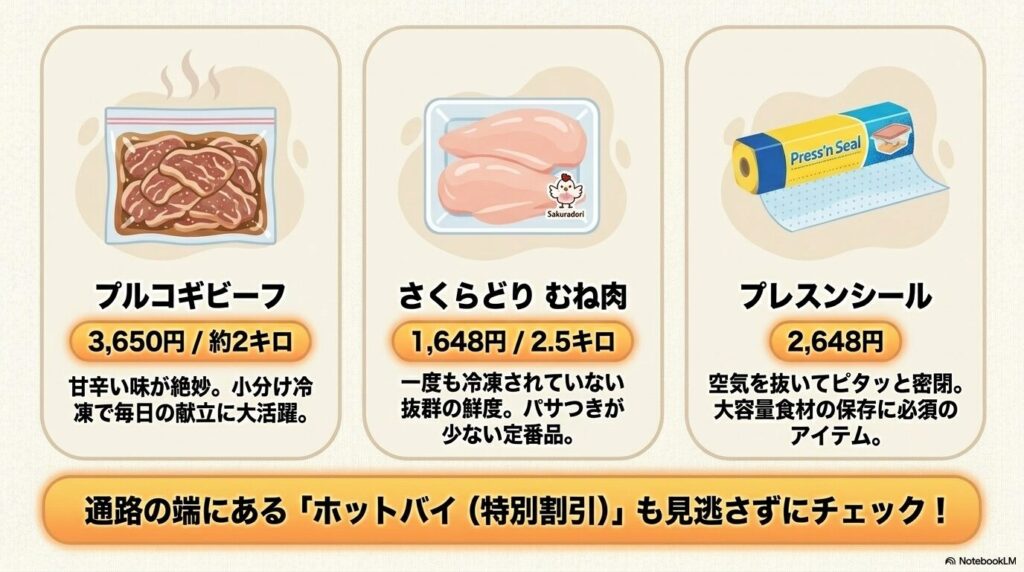 プルコギビーフ、さくらどり、プレスンシールの価格と特徴の紹介。