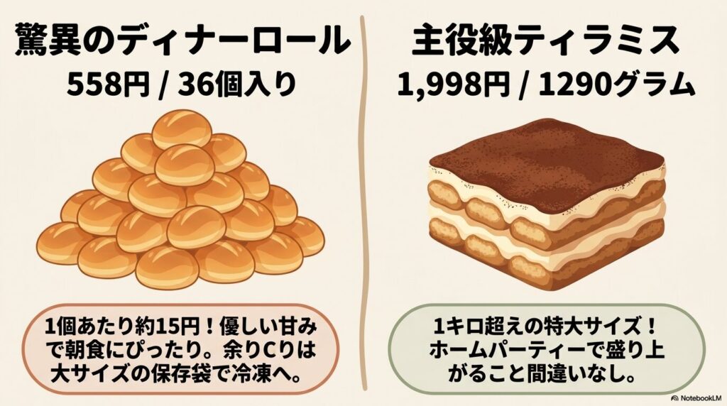 人気商品であるディナーロールと特大ティラミスの紹介。